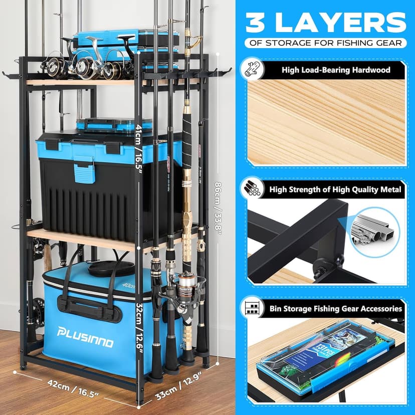 PLUSINNO 3 Tier Fishing Rod Holder, Fishing Pole Holders for Garage, Fishing Rod Rack Fishing Rod Storage Up to 8 Rods, Fishing Gear Tackle Box Fishing Equipment Organizers, Fishing Gifts for Men