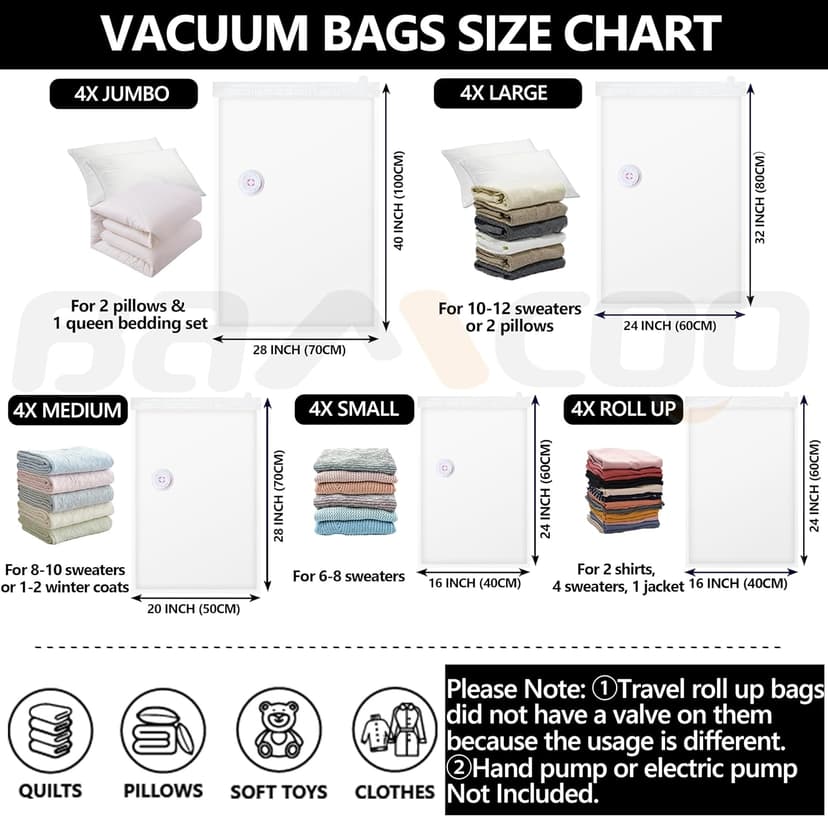 Space Saver Vacuum Storage Bags Upgraded 20 Pack(4 Jumbo 4 Large 4 Medium 4 Small 4 Roll Up) Vaccine Sealed Storage Bags, Vacuum Seal Compression Suction Bag for Packing Blankets Comforters