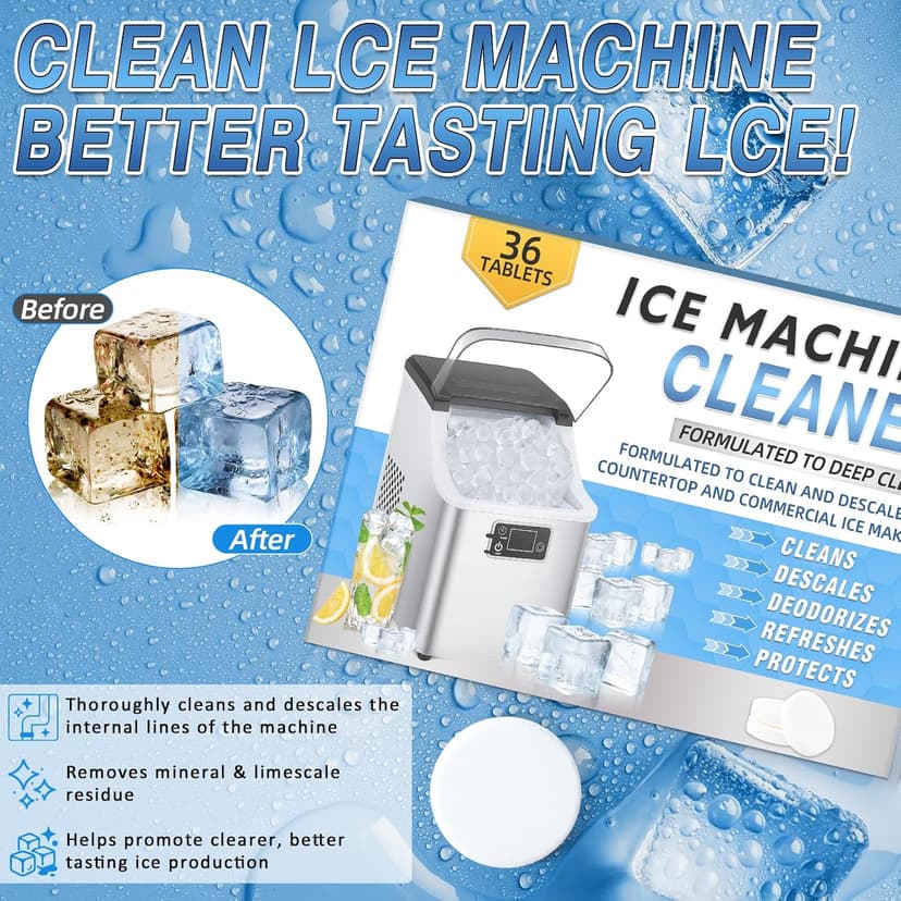 Ice Machine Cleaner Tablets Descaler (36 Pack) – Portable Ice Maker Cleaner, Nickel Safe Scale Remover Compatible with Countertop and Nugget Ice Maker, Remove limescale, Odor-Free, Crystal Clear Ice