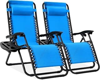 Best Choice Products Set of 2 Adjustable Steel Mesh Zero Gravity Lounge Chair Recliners w/Pillows and Cup Holder Trays - Light Blue