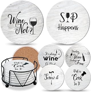 Coasters for Drinks Absorbents with Holder - 6 Pcs Gift Set with 6 Funny Sayings for Wine Lovers - Ceramic Stone with Corked Back, Unique Present for Housewarming, Living Room Decor