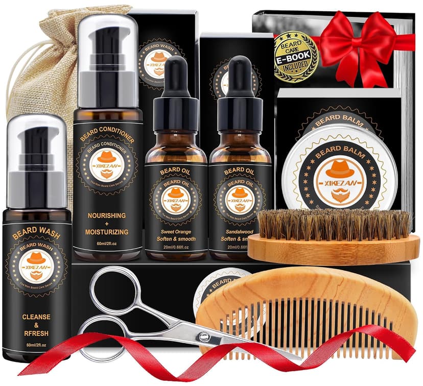 XIKEZAN Beard Kit for Men Grooming & Care w/Beard Conditioner, Wash, Oil, Balm, Brush, Comb,Birthday Fathers Valentines Gifts for Men Him Dad Husband Boyfriend Christmas Gifts Mens Stocking Stuffers