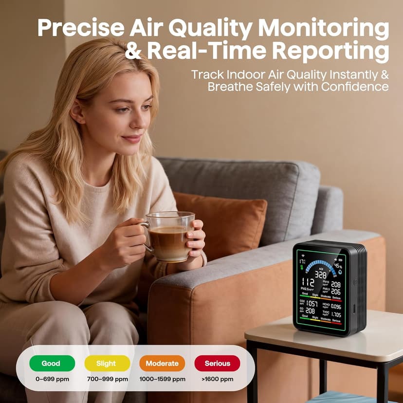 Air Quality Monitor Indoor, 10 in 1 Portable Smartair Quality Tester for CO2 | CO | TVOC | HCHO | Temp | AQI | PM0.3-1 Detection Suitable for Home, Cars, Plants, Pets and Hotels -Black