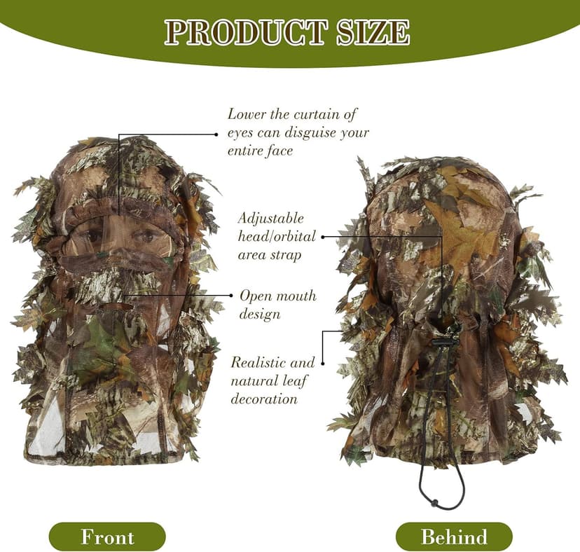Sintege 3 Pieces 3D Camo Turkey Hunting Face Mask Camouflage Leafy Hat Ghillie Face Covering 3D Full Cover Camo Headwear Turkey Hunting Gear Accessories