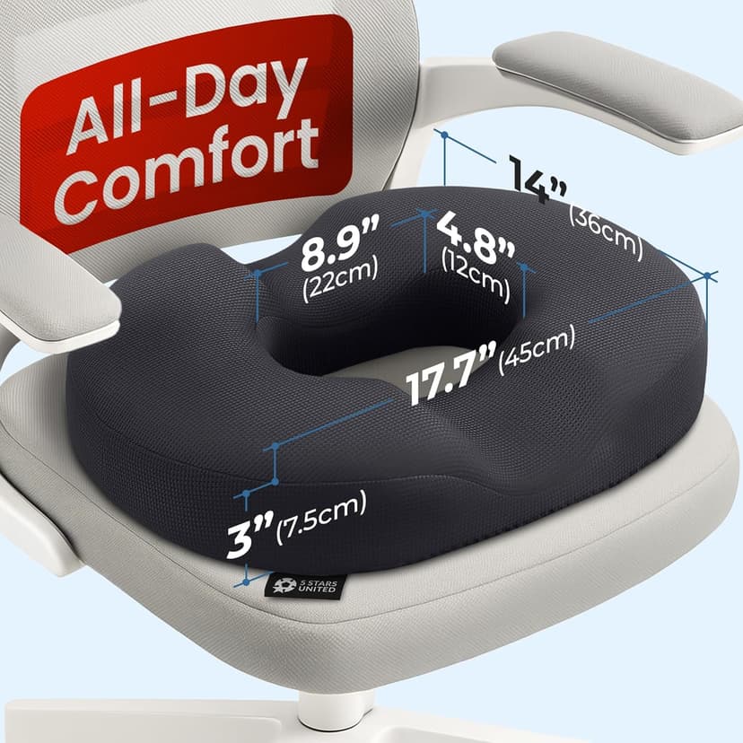 5 STARS UNITED Donut Pillow Hemorrhoid Tailbone Cushion – Large Floor Cushion for Pain Relief – Coccyx, Prostate, Sciatica, Pelvic Floor, Pressure Sores, Pregnancy, Postpartum Recovery, Black