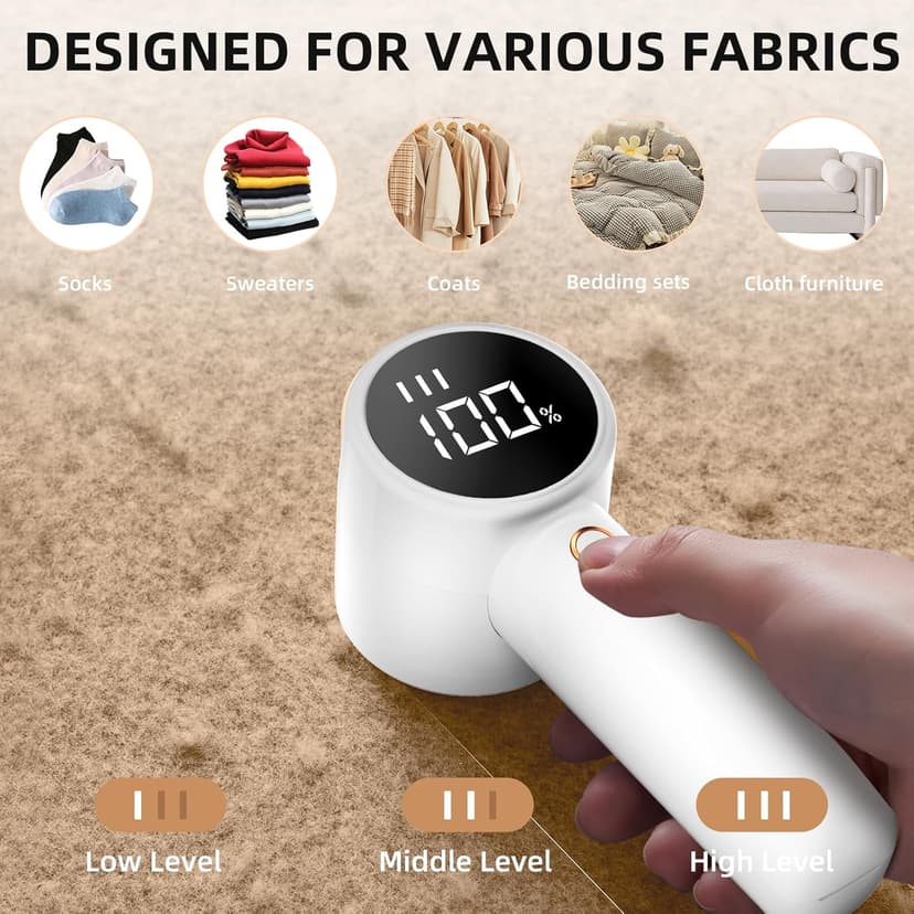 Fabric Shaver, Lint Remover Rechargeable, Electric Portable Sweater Defuzzer with 3 Speeds, 6 Leaf Blades, Digital LED Display to Remove Pilling for Clothes, Furniture, Sweater, Couch, Blanket