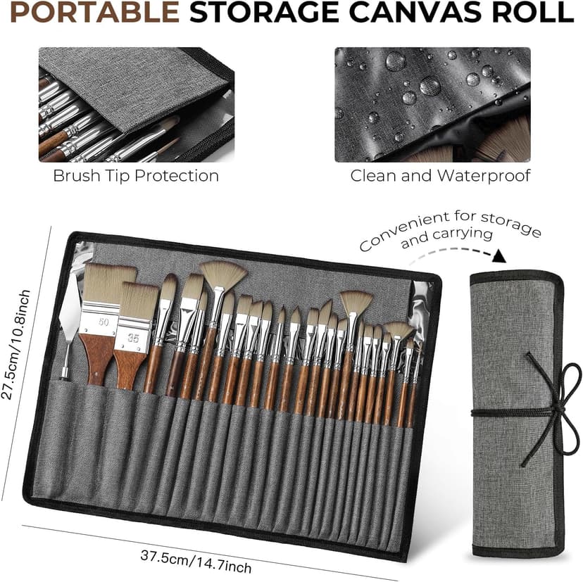 Fuumuui 25pcs Paint Brush Set, Professional 9 Shapes with Wide Flat, Filbert, Fan, Dagger, Cat Tongue, Round, Angle, Rigger for Acrylic Oil Watercolor | Includes Palette Knife & Waterproof Canvas Roll B0CCHK9L7G
