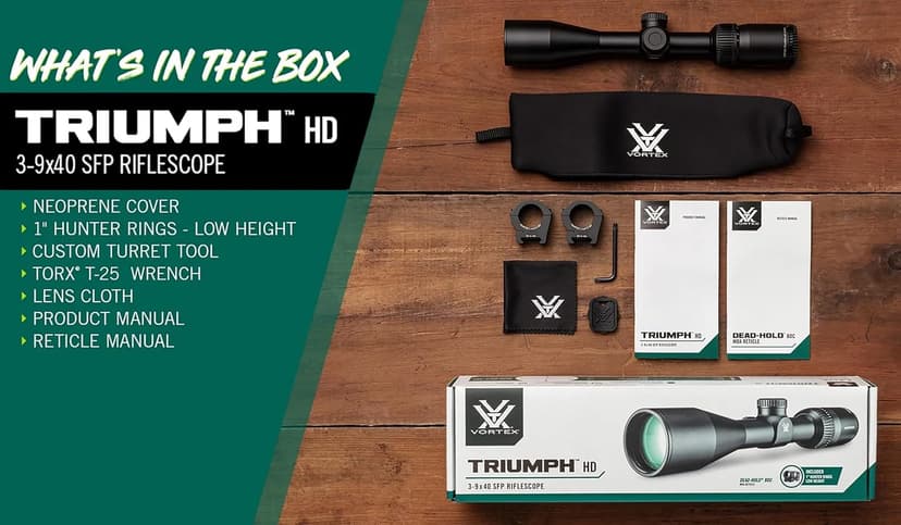 Vortex Triumph HD 3-9x40 Second Focal Plane, 1-inch Tube Riflescope Kit - Dead-Hold BDC (MOA) Reticle, 1" Hunter Rings - 0.90" Low Height, Neoprene Cover - Unlimited, Unconditional Warranty