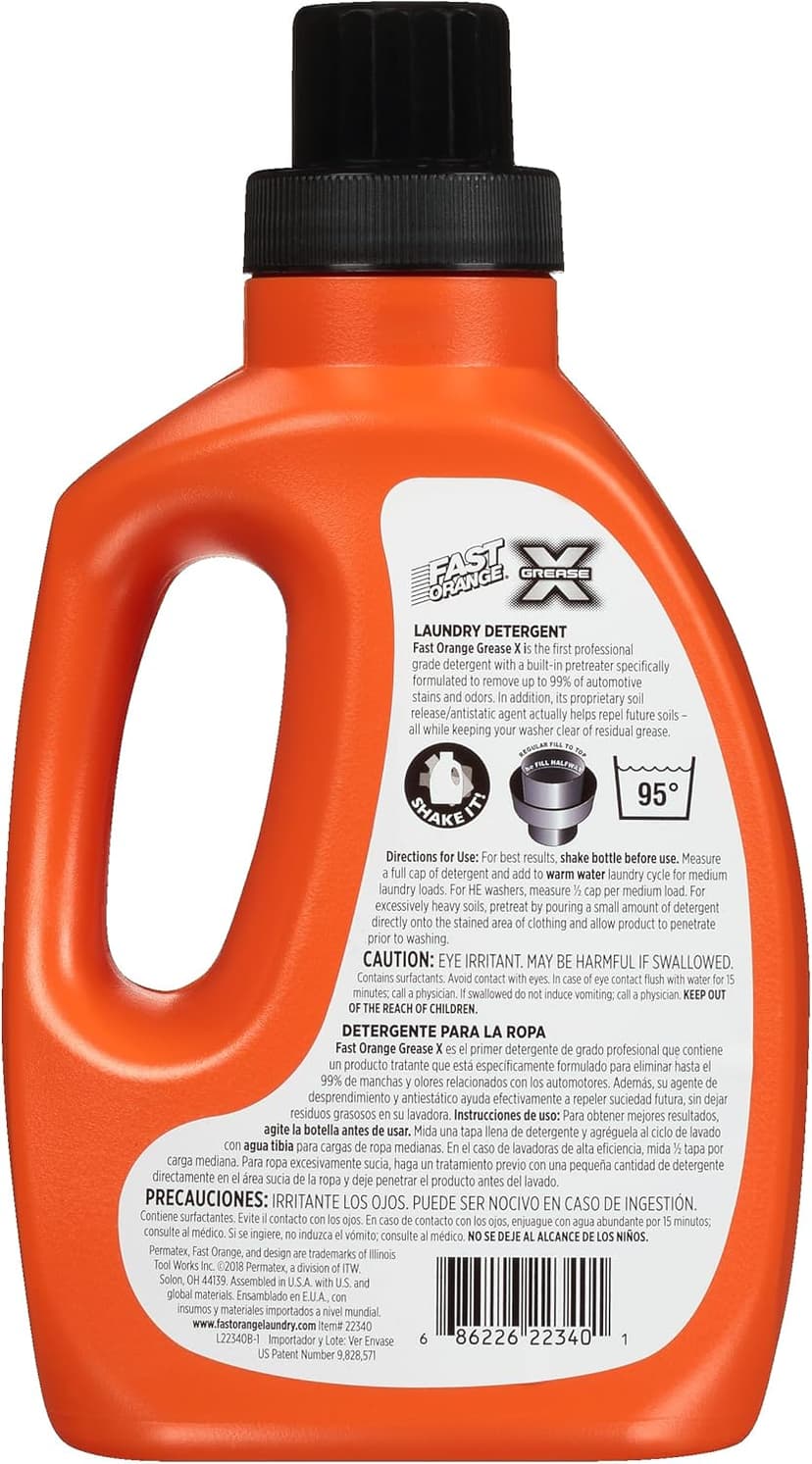 Fast Orange 22340 Fast Orange Grease X Mechanic's Laundry Detergent Liquid, 40 Fl. Oz. Stains, Soils & Odor Eliminator for Clothes, Heavy Duty Formula & Degreaser to Deep Clean Active Wear Clothing