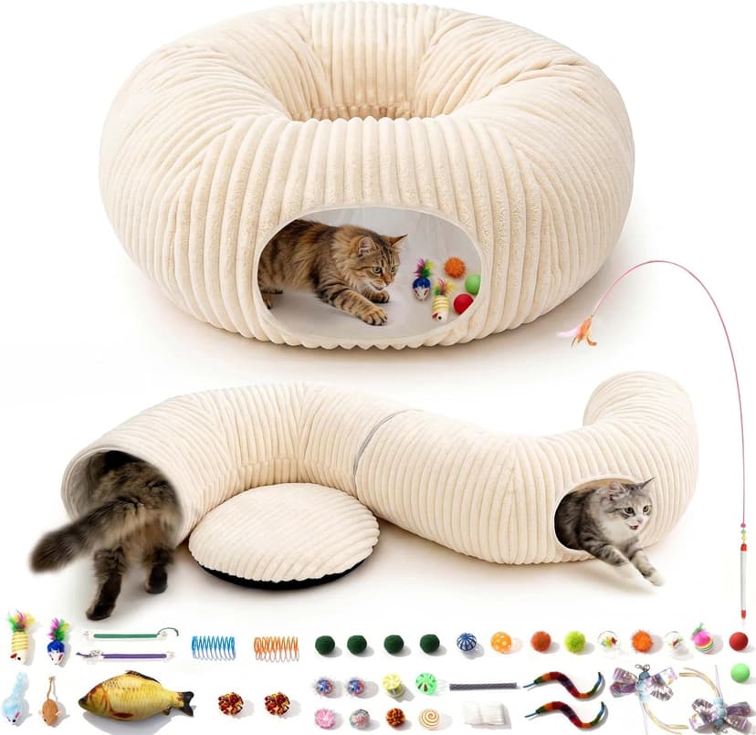Cat Tube with Kitten Toys for Indoor Kittens, Collapsible Play Tunnel, Cat Gifts Cat Tunnel Bed with 40 Pcs Interactive Cat Toys, White B0FB9CN22D