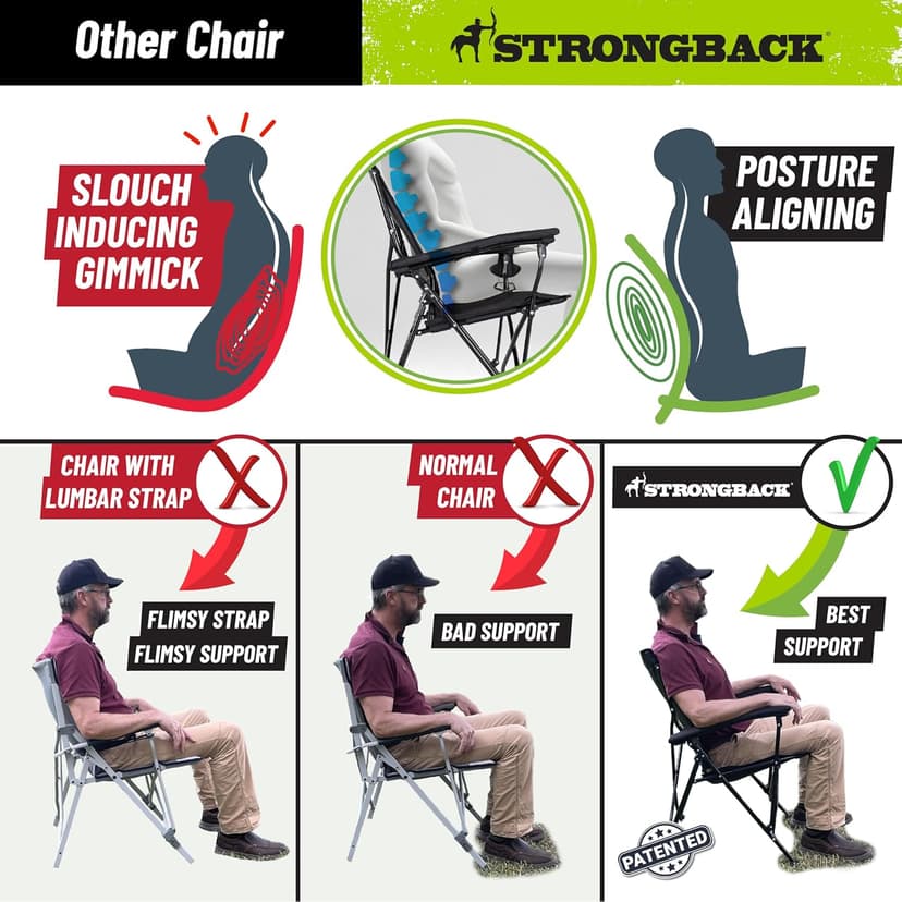STRONGBACK Elite Folding Camping Lawn Lounge Chair Heavy Duty Camp Outdoor Seat with Lumbar Support and Portable Carry Bag - Black/Grey