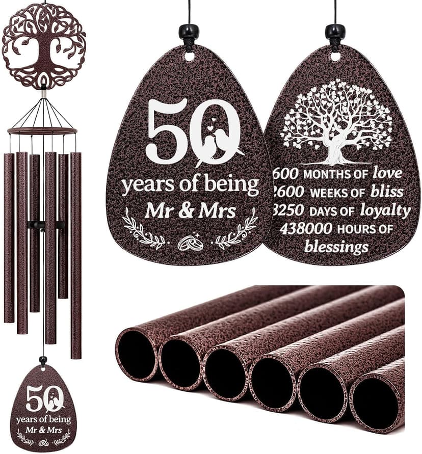 Golden Anniversary Keepsake for Parents, Husband, Wife, Couples, Friends, Tree of Life Wind Chime 37 in Garden Decor SteadStyle 50th Anniversary Wind Chime, Happy 50th Wedding Jubilee Gifts B0FHH4GHX5