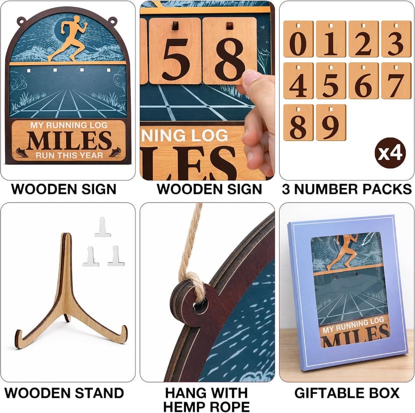 Wooden Yearly Running Log Counter Home Decor, Marathon Runner Gifts Miles Run This Year Tracker Sign Running Gifts for Runners Men Women B0GKP9JPVN