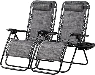 Nazhura Set of 2 Relaxing Recliners Patio Chairs Adjustable Steel Mesh Zero Gravity Lounge Chair Beach Chairs with Pillow and Cup Holder(Grey)