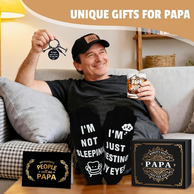 Papa Gifts from Grandkids Papa Birthday Gifts for Men Happy Birthday Gift Ideas for Best Papas from Grandson Granddaughter Grandchildren Funny Gift Set for Christmas, Fathers Day with Hat, Wine Glass B0FW57CH3S