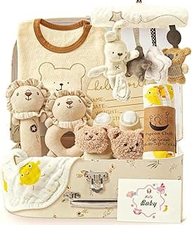 Golray 9pcs Newborn Baby Gift Baskets for Boys Girls Baby Shower, 2 Rattle/Seat Hang Toy/Blanket/Bodysuit/Bib/ 3D Socks/Wood Milestone/Carry Box, Neutral New Born Essential Stuff Unisex Baby Gifts Boy B0DL9ZDMC1