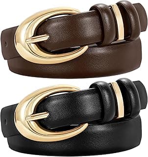 TRIWORKS 2 Pack Women Leather Belt for Jeans Pants Fashion Ladies Skinny Faux Leather Belt with Gold Buckle