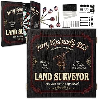 Personalized Dart Board Cabinet Set with 6 Steel Tip Darts, Paper Fibre Dartboard, Chalk & Eraser (21.5 x 21.5 x 2.75") - Occupational Man Cave Dart Boards for Adults - Land Surveyor (412)