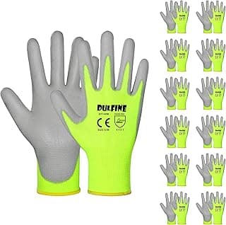Safety Work Gloves for Men PU Coated 12 Pairs Bulk Pack,Hi-Vis Yellow Seamless Knit Glove with thin Polyurethane Coated Smooth Grip on Palm & Fingers, Ideal for General Duty Work (Large)