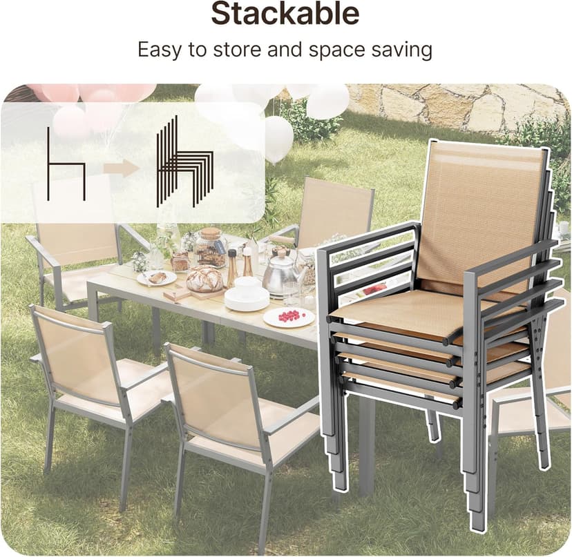 Ahomly Patio Table and Chairs Set for 6, Outdoor Dining Set Includes 59.5" Rectangle Patio Table with Side Umbrella Hole and 6 Textilene Fabric Patio Chairs for Backyard, Courtyard, Poolside, Brown