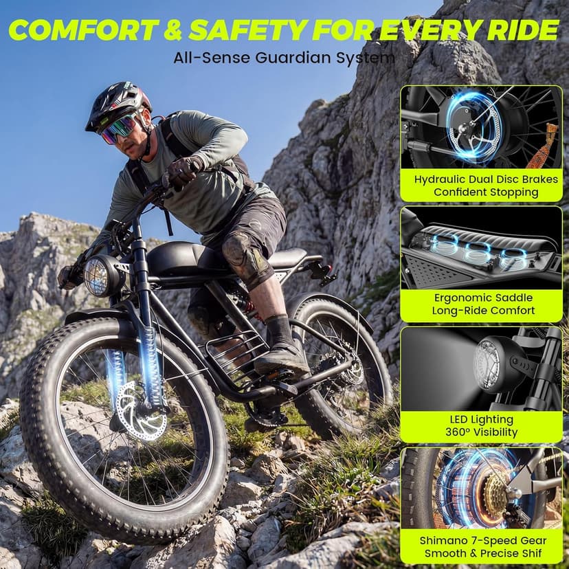 Electric Bike for Adults, 1000W/1500W/3000W Dirt Bike, 30/34/37MPH, 48V 15 Ah/18.9Ah/25Ah e Bike, 40/47/100 Miles Electric Motorcycle, 20" Fat Tire Off-Road Bike, All Terrain Electric Bike