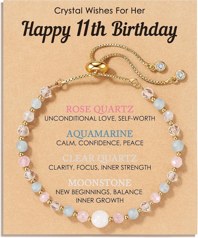Moonstone Rose Quartz Aquamarine & Clear Quartz, Adjustable Bolo Chain, Birthday Blessing Card & Pouch for Teens Tweens HGDEER Her Milestone Birthday, Crystal Wishes Bracelet Gifts for Girls B0GR99VH91