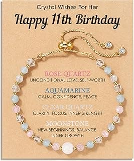 Moonstone Rose Quartz Aquamarine & Clear Quartz, Adjustable Bolo Chain, Birthday Blessing Card & Pouch for Teens Tweens HGDEER Her Milestone Birthday, Crystal Wishes Bracelet Gifts for Girls B0GR99VH91