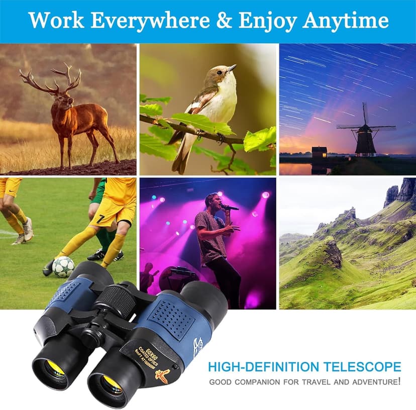 Adult Night Vision Binoculars 60x60 1000M Professional Waterproof High-Power Optical Binoculars, Suitable for Stargazing, Bird Watching, Concerts, Football, Sightseeing, Hunting, and Easy to Carry.