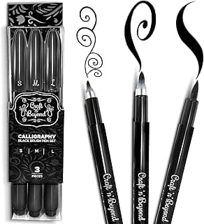 Craft 'n' Beyond Calligraphy Brush Pens Pack of 3 Small, Medium and Large Markers for Hand Lettering, Art Drawing, Sketching, Scrapbooking, Writing, Journaling - Beginner Kit with Fadeproof Black Ink