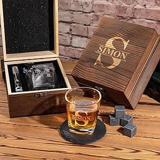Personalized Monogram Whiskey Set, Wooden Whiskey Set Gifts - Engraved Drinking Glass, Bourbon Gifts Box for Dad, Scotch Set Gift for Groomsman