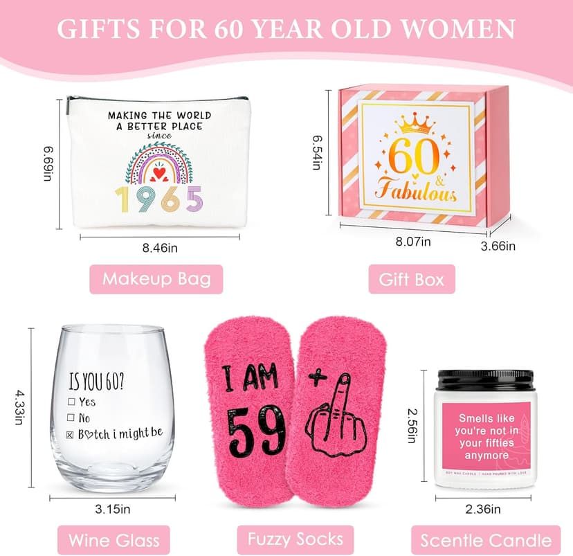 60th Birthday Gifts for Women Funny 60 Year Old Birthday Gifts for Women Turning 60 Gift for Woman Happy 60th Bday Decorations for Woman Mom Her - Wine Glass Makeup Bag Candle Socks