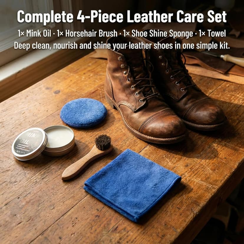 OKOstand Mink Oil Leather Conditioner Kit, 4-in-1 Boot Care Set with 3.52 oz Mink Oil & Horsehair Brush