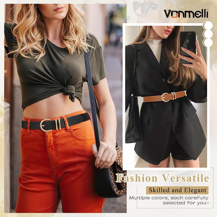 VONMELLI 2 Pack Women's Leather Belts for Jeans Dresses Fashion Gold Buckle Ladies Belt