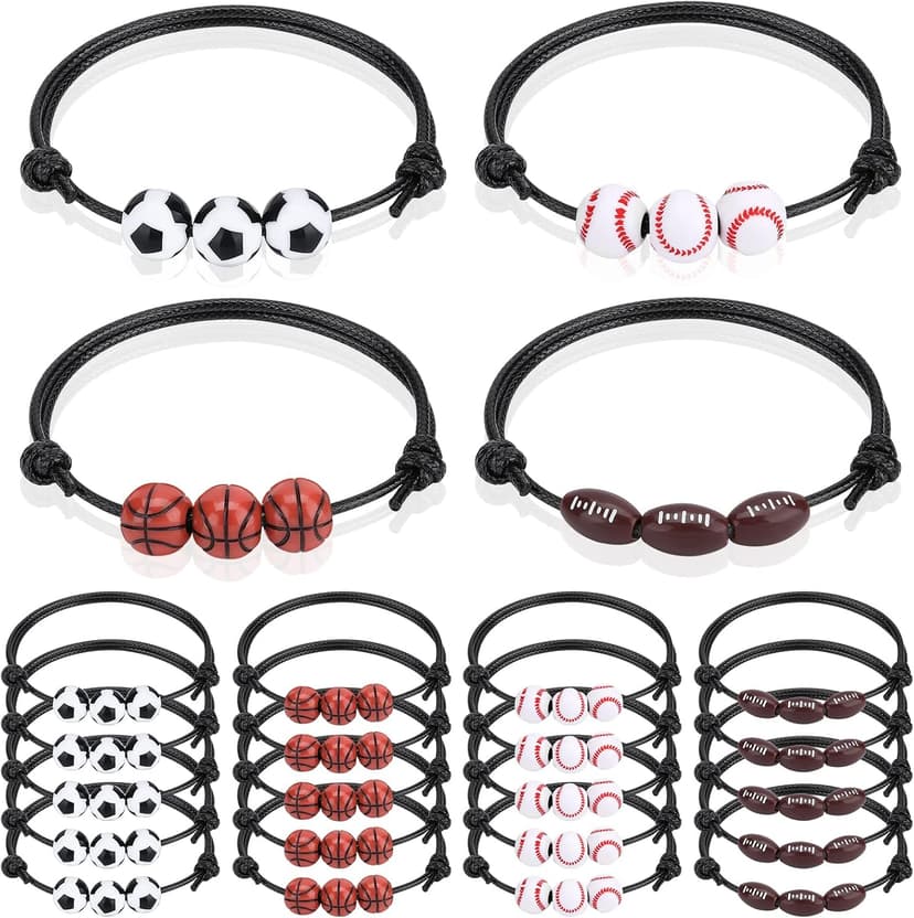 20 Pcs Sports Party Favors Charm Bracelets,Soccer Basketball Football Baseball Volleyball Bead Ball Bracelets Adjustable Inspirational Wristbands Sport Theme Birthday Party Favor Gifts for Teen Adults
