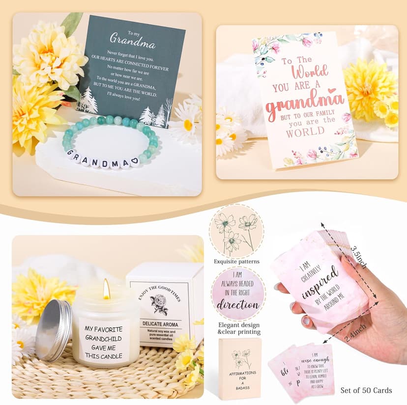 Grandma Gifts for Birthday Tote Bag Grandma Gifts Set from Granddaughter Grandson Grandchildren Grandkids Best Grandma Gifts Basket Tote Bag Makeup Bag 16 Oz Can Glass Bead Bracelet