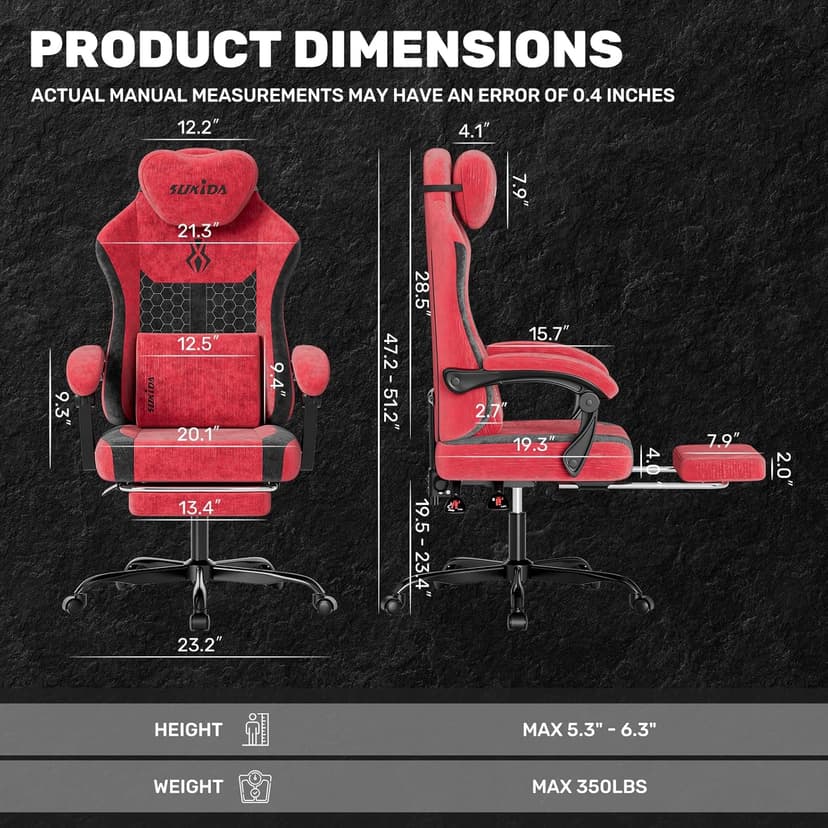 SUKIDA Fabric Video Gaming Chair, Ergonomic High-Back Computer Game Chairs with Large Massage Adjustable Lumbar Support, Headrest and Linked Armrests for Long Hours Sitting Task Chair, Red