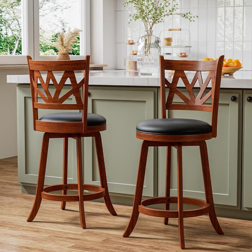 Swivel Barstools Set of 4, Farmhouse 24" Counter Height Bar Stools with Backs, Lotus Pattern Carved Bar Chair with Solid Wood Legs & Footrest for Kitchen Island, Home Bar, Pub. Brown