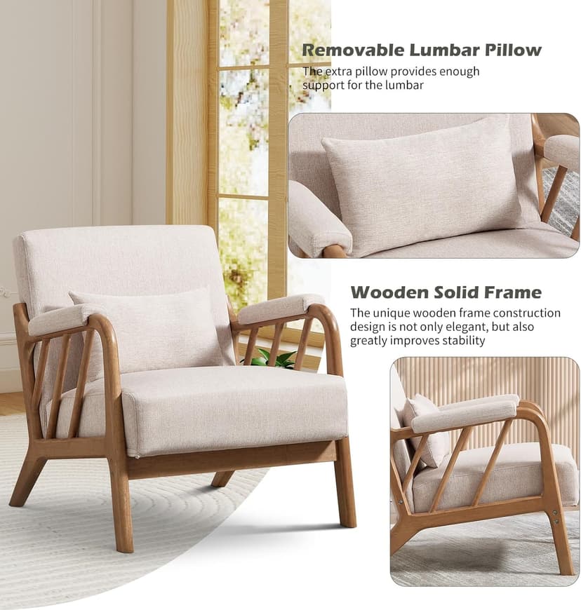 IOMOR Mid Century Modern Accent Chair with Solid Wood Frame Linen Fabric, Upholstered Living Room Chairs with Lumbar Cushion Padded Arms, Reading Armchair for Bedroom (1, Warm Beige)
