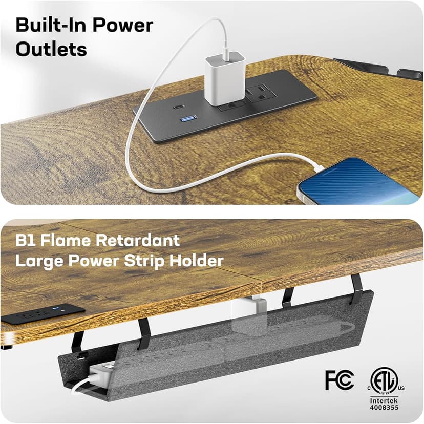 HUANUO 63″ L-Shaped Standing Desk, Built-in Power Outlets, Electric Height Adjustable Corner Computer Desk, Large Power Strip Holder, Sit Stand Up Desk with 3 Preset Heights, Vintage Brown