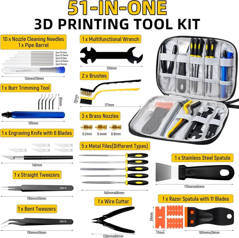 51Pcs 3D Printer Tools Kit,3D Printer Accessories for All FDM/SLA Printers Includes Nozzle Cleaning Tools,deburring Tool,Removal Scrapers,Files,Brushes,Knife,Complete Starter Kit with Storage Case