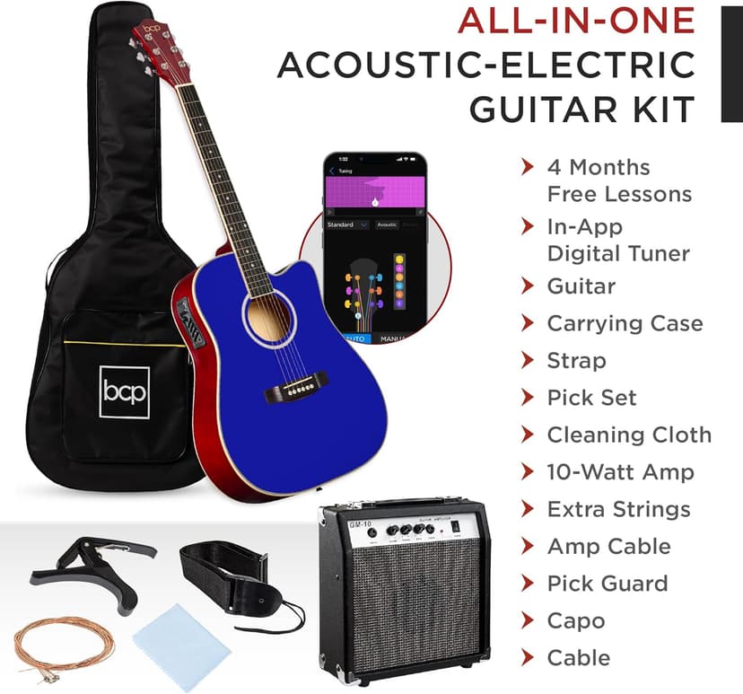 Best Choice Products Beginner Acoustic Electric Guitar Starter Set w/ 41in, All Wood Cutaway Design, Gig Bag, Strap, Picks - Dark Blue