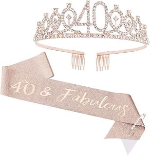 CIEHER 40th Birthday Crown + Sash + Pearl Pin Set for Women, Tiara, Gifts for Friends, Party Decorations & Favors B09F998WFG