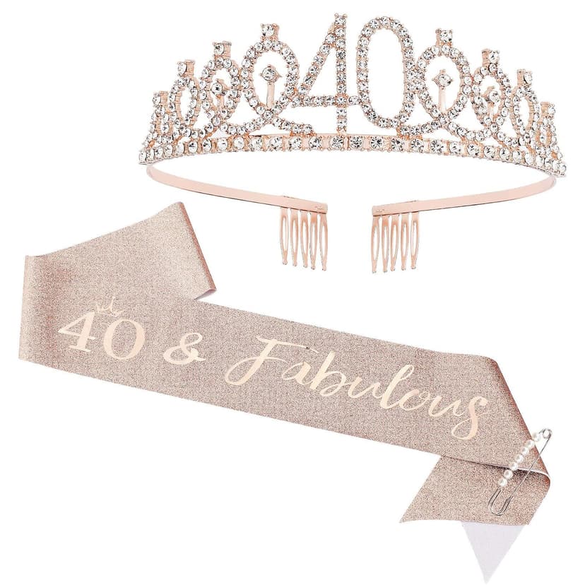 CIEHER 40th Birthday Crown + Sash + Pearl Pin Set for Women, Tiara, Gifts for Friends, Party Decorations & Favors B09F998WFG