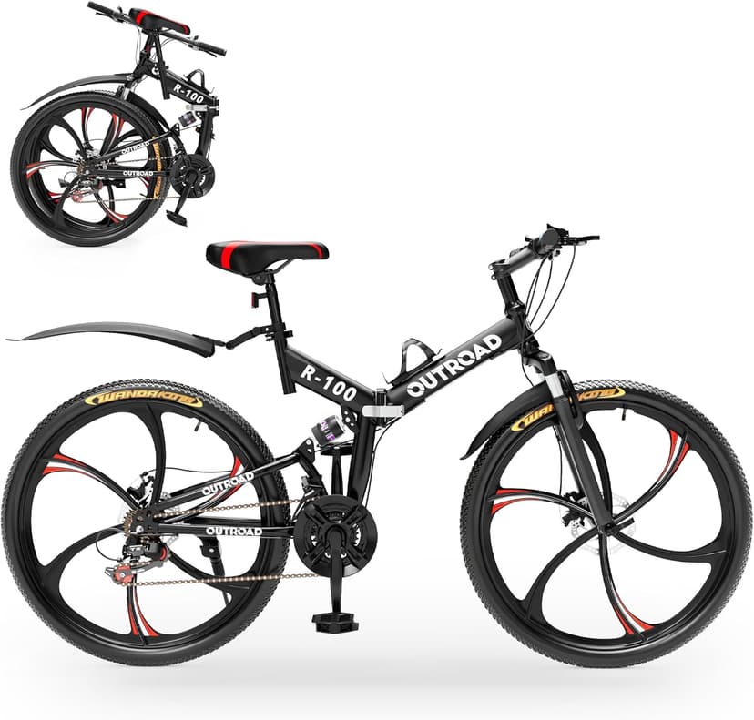 Outroad 26 Inch Folding Mountain Bike, 21 Speed Full Suspension High-Carbon Steel MTB Foldable Bicycle, Dual Disc Brake Non-Slip Folding Bikes for Adults/Men/Women, Black, Orange and Green