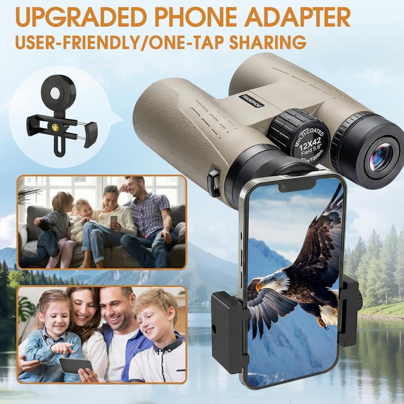 12x42 HD Binoculars for Adults High Powered Binoculars with Upgraded Phone Adapter Compact Binocular with Low Light Night Vision for Bird Watching Hunting Outdoor Sports Concerts Camo