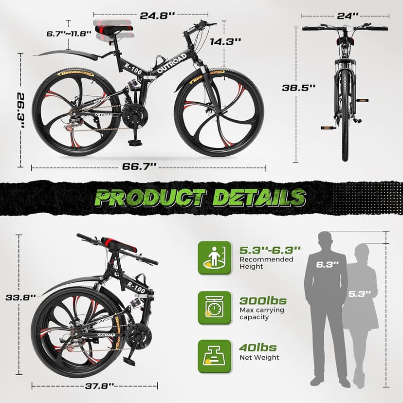 Outroad 26 Inch Folding Mountain Bike, 21 Speed Full Suspension High-Carbon Steel MTB Foldable Bicycle, Dual Disc Brake Non-Slip Folding Bikes for Adults/Men/Women, Black, Orange and Green