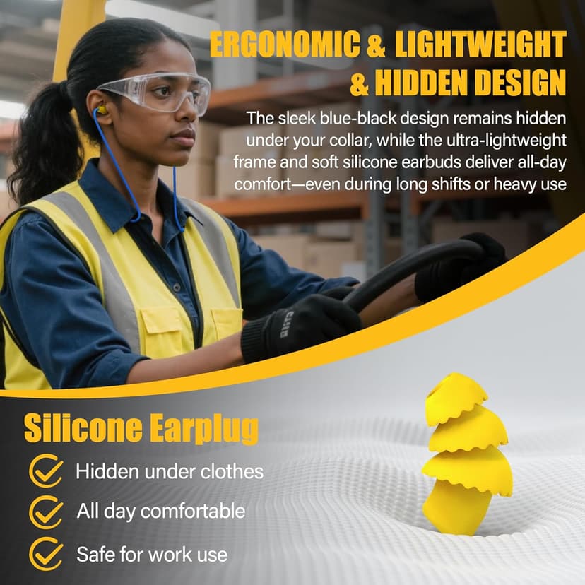 Bluetooth 6.0 Earplug Headphones with 40H Playtime & OSHA Compliant 29dB Noise Reduction Hearing Protection, Rechargeable Wireless Neckband Earbuds w/Mic, IPX6 Waterproof for Construction, Workshop