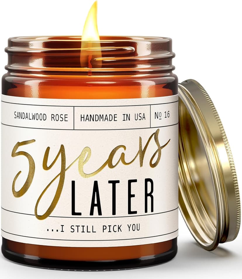 5 Year Marriage Gift for Anniversary for Her - '5 Years Later' Soy Candle, w/Sandalwood Rose - Infused w/Essential Oils I 5th Anniversary Wedding Gift for Wife I 50Hr Burn I USA Made