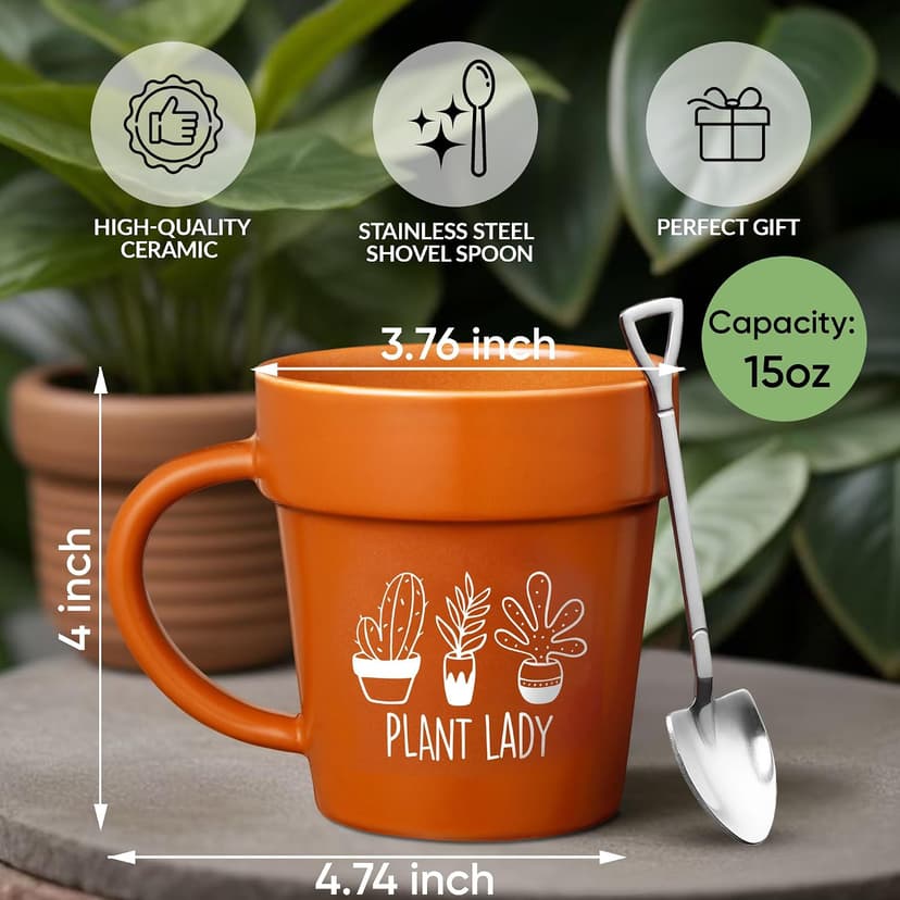 VELENTI Plant Pot Mug - Plant Lover Mug with Metallic Shovel Ornament - Fancy Gifts for Women, Men - Birthday Gift for Women - Cute Gifts for Mother's Day, Christmas B0D4VPCZ3K