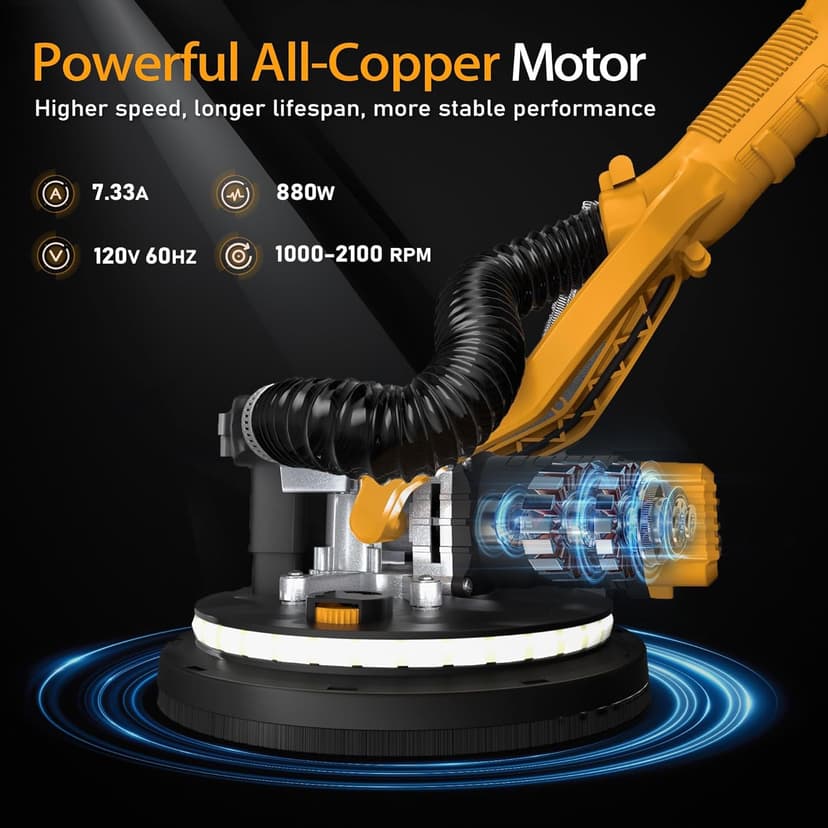 GEVEELIFE Drywall Sander, 880W 7.33A Electric Drywall Sander with Vacuum Dust Collector, 5 Variable Speed 1000-2100RPM, LED Light, Foldable & Extendable Handle, 12 Sanding Discs (Dark Orange)